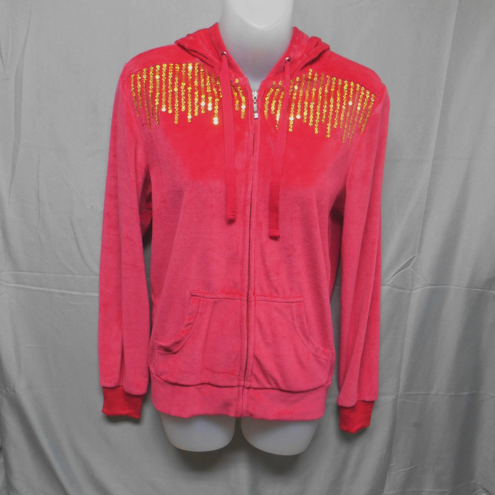 Whisper Me pink w/gold sequins zip velour hoodie M